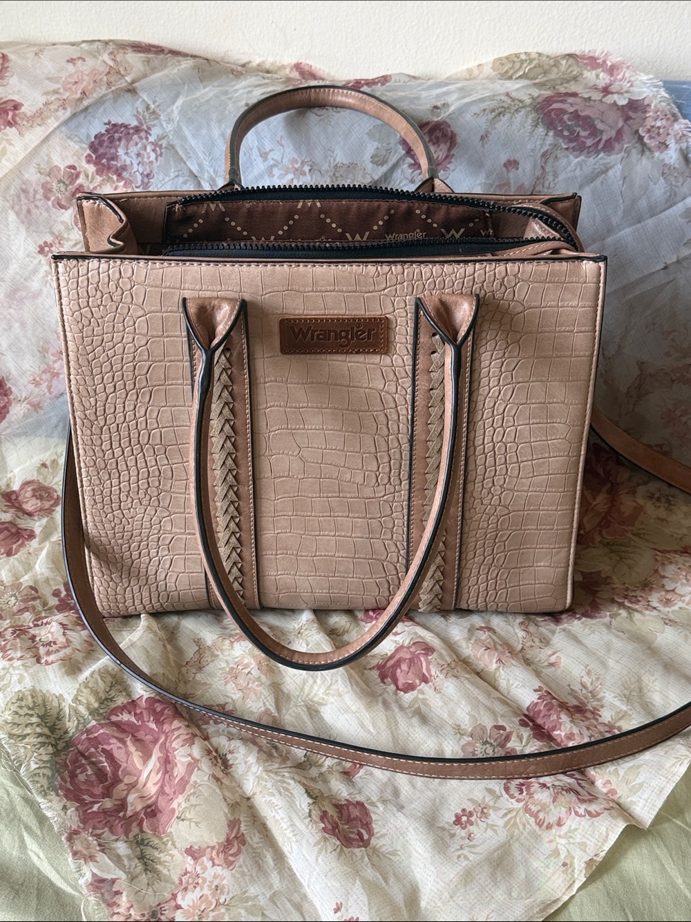 Wrangler Beige Croc-Embossed Satchel with Braided Trim purse work